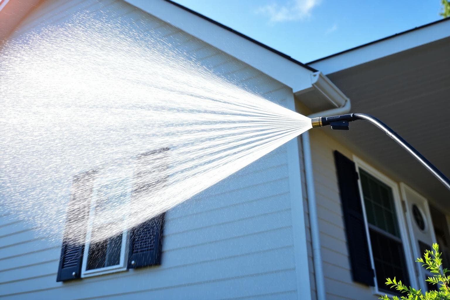 Professional power washing a house exterior